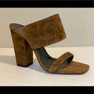SAINT LAURENT OAK 100 BROWN SUEDE MULE SANDALS